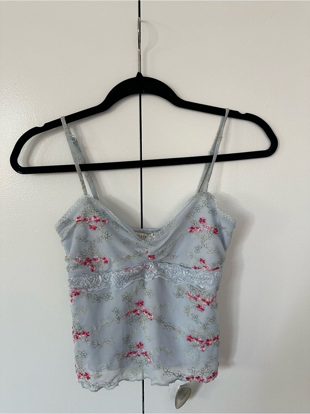 Light Blue Floral Lace-Trim Camisole with Pink Embroidery